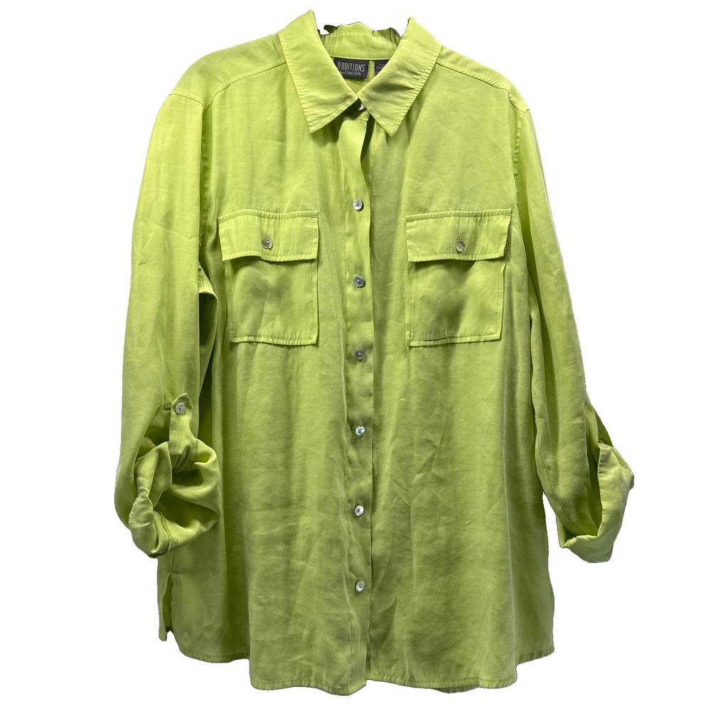 Chicos Additions Women's Button Up Top Blouse Size Large Solid Green Roll Tab
